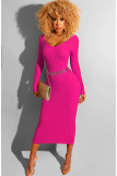 Pink Casual Cap Sleeve Long Sleeves V Neck A-Line Mid-Calf Patchwork Solid Long Sleeve Dresses