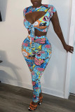 Pink Fashion Casual Print Hollowed Out O Neck Short Sleeve Two Pieces