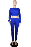 Royal blue Fashion Adult Living Polyester Solid Split Joint O Neck Long Sleeve Regular Sleeve Short Two Pieces