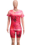 Orange Fashion Casual Active Polyester Print Tie Dye Short Sleeve Two Pieces