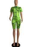 Green Fashion street Print Patchwork letter zipper Short Sleeve V Neck Jumpsuits