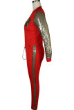 Red knit Sexy Patchwork Two Piece Suits Solid Straight Long Sleeve