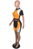 Orange Fashion Sportswear Patchwork Basic Zipper Collar Short Sleeve Two Pieces
