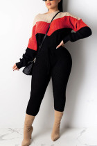 Red Fashion Casual Adult Polyester Print Split Joint O Neck Long Sleeve Regular Sleeve Regular Two Pieces