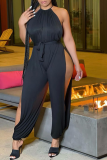 Black Sexy Solid High Opening Spaghetti Strap Harlan Jumpsuits