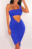 Blue Fashion Sexy Solid Hollowed Out One Shoulder Sleeveless Dress