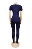 Royal blue Fashion Sexy Solid Patchwork Polyester Short Sleeve O Neck Jumpsuits
