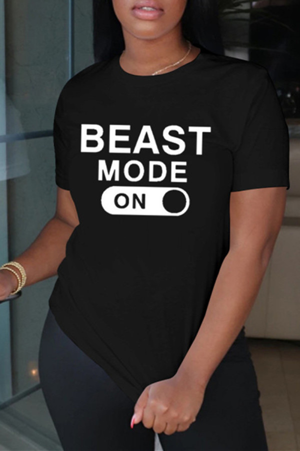 Black Fashion Casual Letter Print Basic O Neck T-Shirts