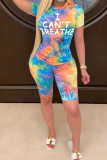 fuchsia Blends Fashion Casual adult Ma'am Print Tie Dye Two Piece Suits Straight Short Sleeve Two Pieces