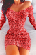 Red Sexy Leopard Patchwork Bateau Neck Pencil Skirt Dresses