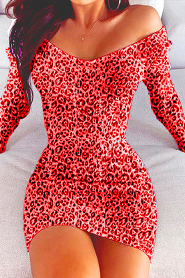 Red Sexy Leopard Split Joint Bateau Neck Pencil Skirt Dresses