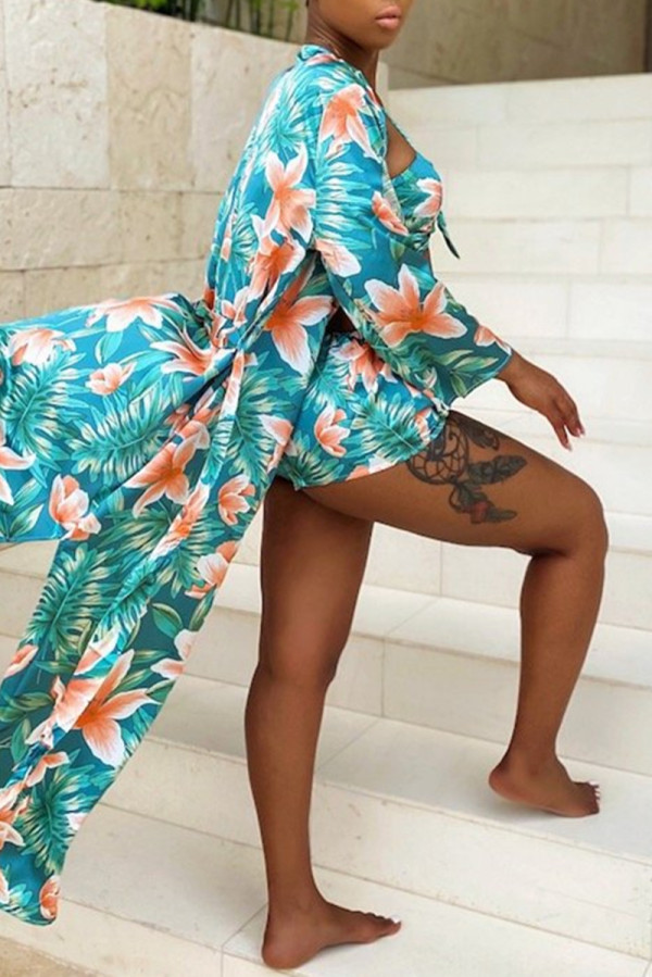 Light Blue Fashion Sexy Print Basic Swimwears Three-piece Set