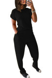 Black Polyester Fashion Casual adult Ma'am Patchwork Solid Two Piece Suits Straight Short Sleeve Two Pieces
