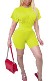 Yellow Cotton Fashion Casual adult Ma'am Patchwork Solid Two Piece Suits pencil Short Sleeve Two Pieces