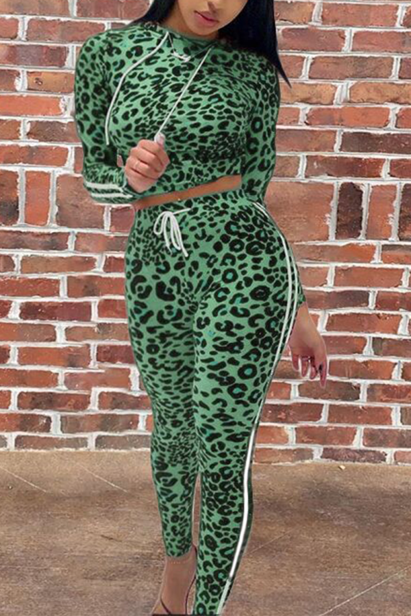 Fluorescent Green Casual Leopard Patchwork Hooded Collar Long Sleeve Two Pieces