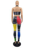White Fashion Sexy Print Hollowed Out Patchwork Backless Halter Sleeveless Two Pieces