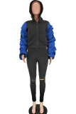 Blue Polyester Sexy Two Piece Suits Patchwork contrast color Hole pencil Long Sleeve Two-piece Pants Set