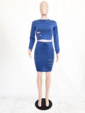 Blue Cute Active Spaghetti Strap Long Sleeves O neck Hip skirt Mini Two Piece Dresses
