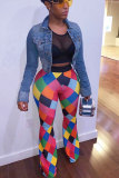 Multi-color Polyester Elastic Fly Mid Print Patchwork Boot Cut Pants Pants
