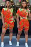 Yellow Polyester Sexy Fashion Print Patchwork pencil Short Sleeve Two-Piece Short Set