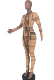Gold Sexy Letter Plaid Print Zipper O Neck Regular Jumpsuits
