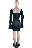 Black Sexy Solid Fold V Neck Pencil Skirt Dresses