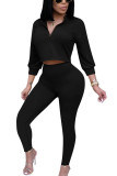 Black Fashion Casual Solid pencil Long Sleeve Two Pieces