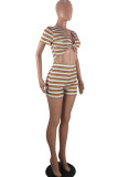 Multicolor Sexy Casual Striped Print Basic V Neck Short Sleeve Two Pieces