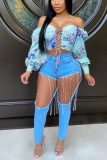 Pink One word collar Long Sleeve Print Tops