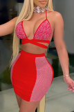 Red Sexy Hot Drilling Mesh Spaghetti Strap Sleeveless Two Pieces