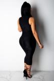 Black Fashion Sexy Off The Shoulder Sleeveless O neck Sheath Mid-Calf Solid Club Dresses