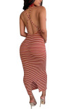 multicolor OL Off The Shoulder Sleeveless Halter Neck Step Skirt Ankle-Length Striped Club Dresses