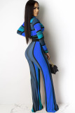 Blue venetian OL Print Two Piece Suits Straight Long Sleeve Two-piece Pants Set