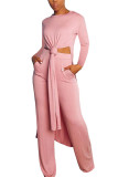 rose red Fashion British Style Adult Polyester Solid Slit O Neck Long Sleeve Regular Sleeve Long Two Pieces