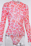 Red Sexy Print Lips Printed See-through O Neck Regular Bodysuits