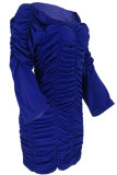 Navy Blue Sexy Bubble sleeves Long Sleeves V Neck Asymmetrical Knee-Length asymmetrical Solid Patchw
