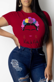Red Casual Print Patchwork O Neck Tops
