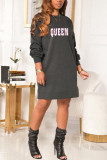 Wine Red Fashion Casual Letter Print Basic O Neck Long Sleeve Dress