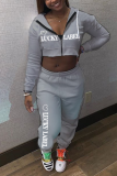 Blue Sportswear Print Letter Hooded Collar Long Sleeve Two Pieces