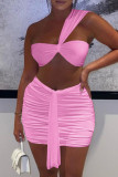 Pink Sexy Solid Backless Strapless Sleeveless Two Pieces