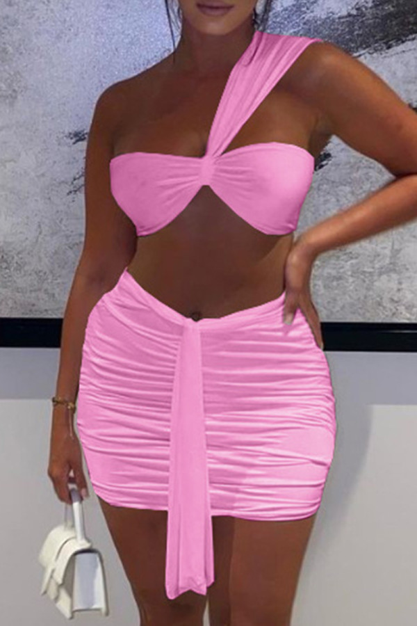 Pink Sexy Solid Backless Strapless Sleeveless Two Pieces