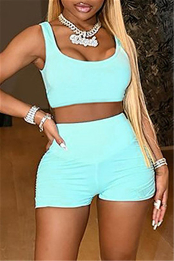 Blue Sexy Casual Solid Basic U Neck Sleeveless Two Pieces