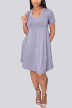 Light Gray Polyester Fashion Casual adult Ma'am Cap Sleeve Short Sleeves V Neck Swagger Knee-Length Solid Dresses