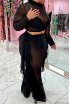 Black Fashion Sexy Solid Split Joint See-through Turtleneck Plus Size Two Pieces