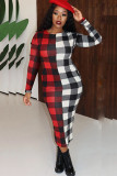 Red and white OL Cap Sleeve Long Sleeves O neck A-Line Mid-Calf Plaid Print