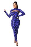 Grey Polyester Fashion adult Sexy Leopard Print Two Piece Suits Patchwork pencil Long Sleeve Two-Piece D