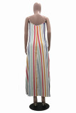 Rainbow Color Fashion Casual Striped Print Backless Spaghetti Strap Sleeveless Dress