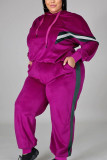 purple Casual Solid Hooded Collar Plus Size