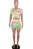 Light Green Fashion Casual Print Tie Dye Draped Two Piece Suits pencil Short Sleeve Two Pieces