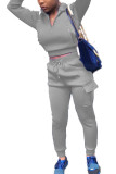 Grey Fashion Casual Adult Twilled Satin Solid Patchwork O Neck Long Sleeve Regular Sleeve Short Two Pieces